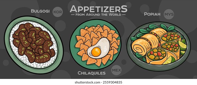 A curated collection of the world's most iconic and delicious appetizers. Isolated vector illustration hand-drawn