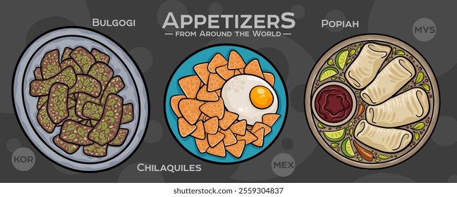 A curated collection of the world's most iconic and delicious appetizers. Isolated vector illustration hand-drawn