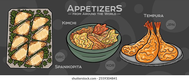 A curated collection of the world's most iconic and delicious appetizers. Isolated vector illustration hand-drawn