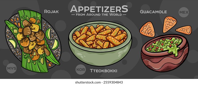 A curated collection of the world's most iconic and delicious appetizers. Isolated vector illustration hand-drawn