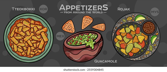 A curated collection of the world's most iconic and delicious appetizers. Isolated vector illustration hand-drawn