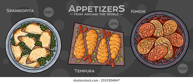 A curated collection of the world's most iconic and delicious appetizers. Isolated vector illustration hand-drawn