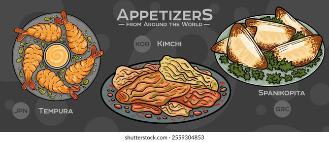 A curated collection of the world's most iconic and delicious appetizers. Isolated vector illustration hand-drawn