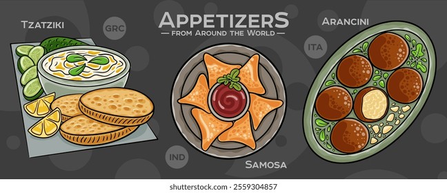 A curated collection of the world's most iconic and delicious appetizers. Isolated vector illustration hand-drawn