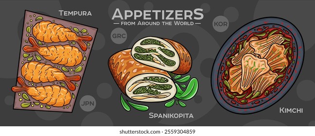 A curated collection of the world's most iconic and delicious appetizers. Isolated vector illustration hand-drawn