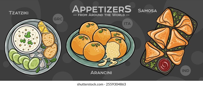 A curated collection of the world's most iconic and delicious appetizers. Isolated vector illustration hand-drawn