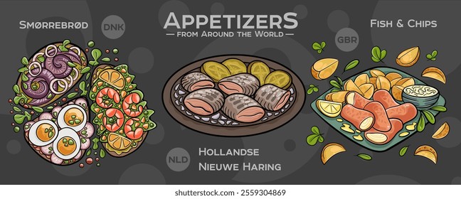 A curated collection of the world's most iconic and delicious appetizers. Isolated vector illustration hand-drawn