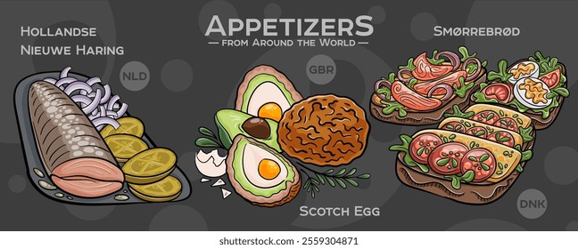 A curated collection of the world's most iconic and delicious appetizers. Isolated vector illustration hand-drawn