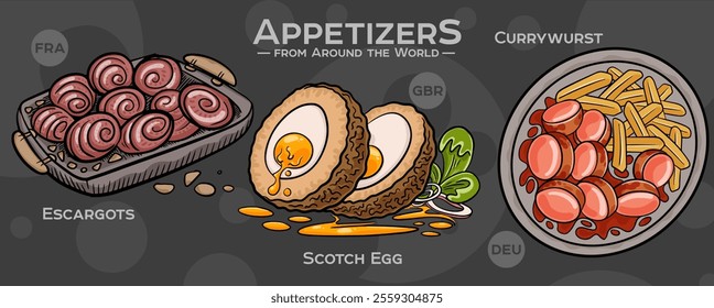 A curated collection of the world's most iconic and delicious appetizers. Isolated vector illustration hand-drawn