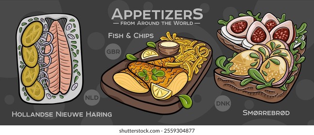 A curated collection of the world's most iconic and delicious appetizers. Isolated vector illustration hand-drawn