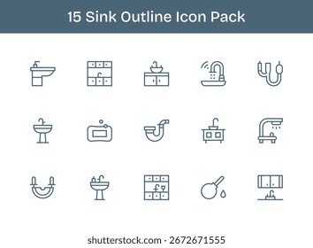 Pacote com curadoria de 15 ícones vetoriais em design Outline, centrado em torno dos conceitos do Sink.