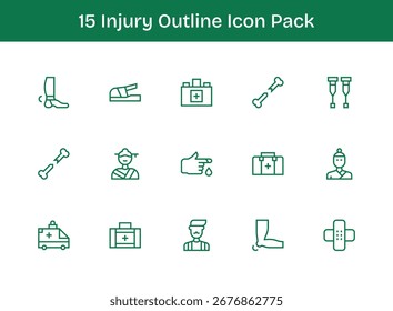 Paquete seleccionado de 15 iconos vectoriales en diseño de esquema, centrado en torno a conceptos de lesión.