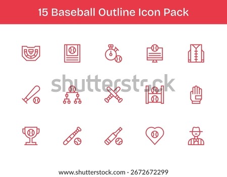 Curated pack of 15 vector icons in Outline design, centered around Baseball concepts.