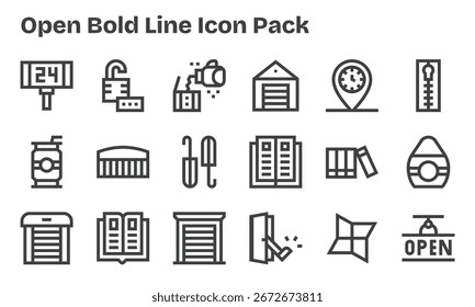 Curated pack of 18 vector icons in Bold Line design, centered around Open concepts.