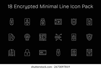 Paquete de 18 iconos vectoriales en diseño Minimal Line, centrado en conceptos cifrados.