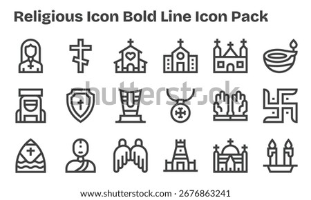 Curated pack of 18 vector icons in Bold Line design, centered around Religious Icon concepts.