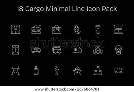 Curated pack of 18 vector icons in Minimal Line design, centered around Cargo concepts.