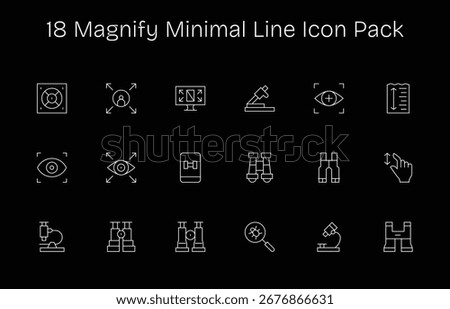 Curated pack of 18 vector icons in Minimal Line design, centered around Magnify concepts.