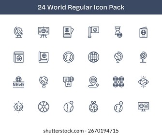 Curated pack of 24 vector icons in Regular Outline design, centered around World concepts.