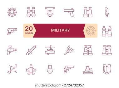 Paquete seleccionado de 24 iconos vectoriales en diseño de línea delgada, centrado en conceptos militares.