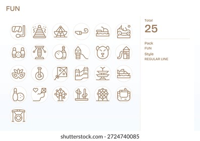 Pacote curado de 25 ícones vetoriais em design de linha regular, centrado em torno de conceitos divertidos.
