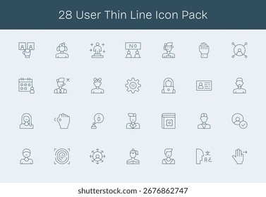 Paquete seleccionado de 28 iconos vectoriales en diseño de línea delgada, centrado en conceptos de usuario.