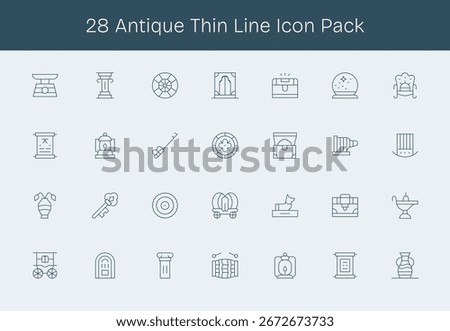 Curated pack of 28 vector icons in Thin Line design, centered around Antique concepts.