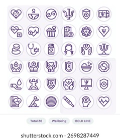Curated pack of 36 vector icons in Bold Line design, centered around Wellbeing concepts.