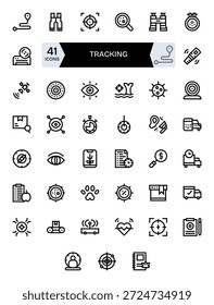 Paquete seleccionado de 41 iconos vectoriales en diseño de línea en negrita, centrado en torno a los conceptos de seguimiento.