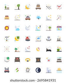 Paquete seleccionado de 42 iconos vectoriales de 256x256 en diseño plano, centrado en conceptos de noche con pantalla.