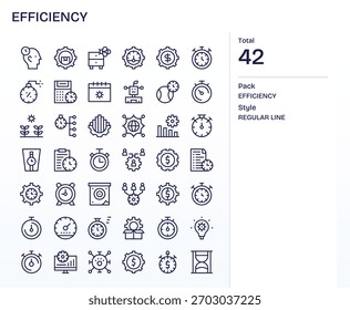 Paquete de 42 iconos vectoriales en diseño de línea regular, centrado en conceptos de eficiencia.