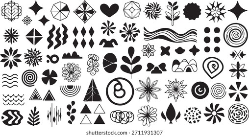 A curated set of abstract graphic elements including geometric patterns, organic forms, and symbolic icons for design use.