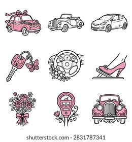 A curated set of charming pink illustrations featuring cars, a steering wheel, a car key, a parking meter, and a high heel.