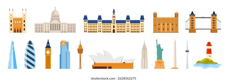 Um conjunto curado de marcos arquitetônicos icônicos dos EUA, Reino Unido, Canadá e Austrália com arranha-céus, torres, pontes e locais culturais. Destaca a ilustração vetorial da arquitetura moderna e histórica.