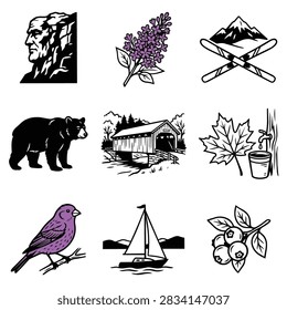 A curated set of nine unique vector graphics featuring a Native American chief, lilac flowers, skis, a bear, a covered bridge, a maple leaf with sap bucket, a bird, a sailboat, and blueberries.