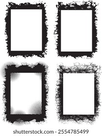 Curated Set of Rustic Elegance grunge photo frame border with halftone dot trexture, Four Distinct Grunge Photo Frames with Unique Textures and Patterns for Artistic Masterpieces and Creative Expressi