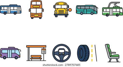 A curated set of transportation icons including buses a trolley bus stop steering wheel tire and seat ideal for urban planning or travel apps.
