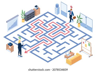 Curator. Business instructor. Mentor supports employee to pass maze. Employees search way in labyrinth. Professional development. Mentorship and courses for businessmen. Vector concept