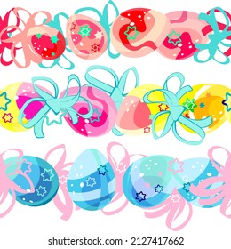 Curbs. Easter egg patterns. Seamless wreath of Easter multicolored eggs and bows. Bright cartoon picture. For the church celebration of the consecration of eggs and talking. Printing on fabric