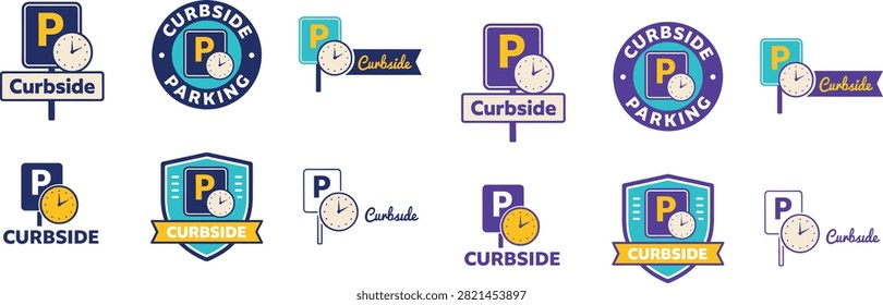 Curbside parking logo design set with clock symbol, letter P sign, shield badge, pickup service emblem, modern transport resource