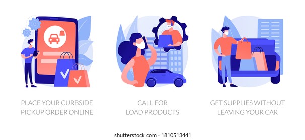 Curbside pickup abstract concept vector illustration set. Place your order online, call for load products, get supplies without leaving your car, safe grocery pick-up, quickservice abstract metaphor.