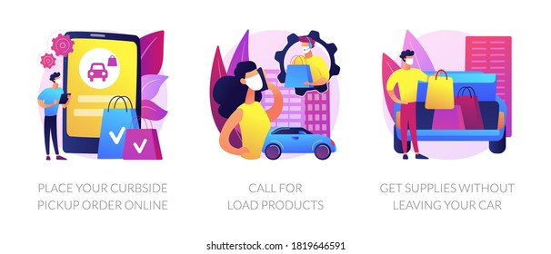 Curbside pickup abstract concept vector illustration set. Place your order online, call for load products, get supplies without leaving your car, safe grocery pick-up, quickservice abstract metaphor.