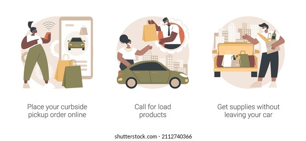 Curbside pickup abstract concept vector illustration set. Place your order online, call for load products, get supplies without leaving your car, safe grocery pick-up, quickservice abstract metaphor.