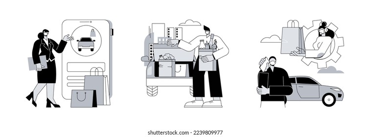 Curbside pickup abstract concept vector illustration set. Place your curbside pickup order online, get supplies without leaving car, call for load products, contactless payment abstract metaphor.