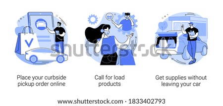 Vector Curbside pickup abstract concept vector illustration set. Place your curbside pickup order online, get supplies without leaving car, call for load products, contactless payment abstract metaphor.