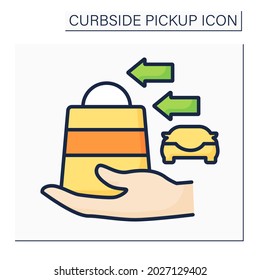 Curbside pickup color icon. Buying delivery. Assistant take parcel. Safety way to pick up order.Contact-free delivery concept. Isolated vector illustration
