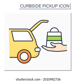 Curbside pickup color icon. Delivery purchases into vehicle truck. Avoid contacting. Contact-free delivery concept. Isolated vector illustration