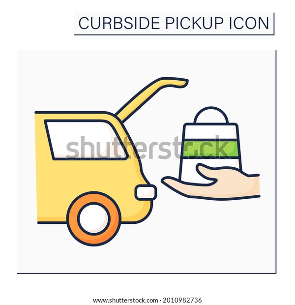 Curbside pickup color icon. Delivery\
purchases into vehicle truck. Avoid contacting. Contact-free\
delivery concept. Isolated vector\
illustration