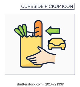 Curbside pickup color icon. Grocery products delivery. From hand to car. Safety delivery. Contact-free delivery concept. Isolated vector illustration