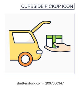 Curbside pickup color icon. Shipping parcel into car trunk. Store associate brings pickup order. Contact-free delivery concept. Isolated vector illustration
